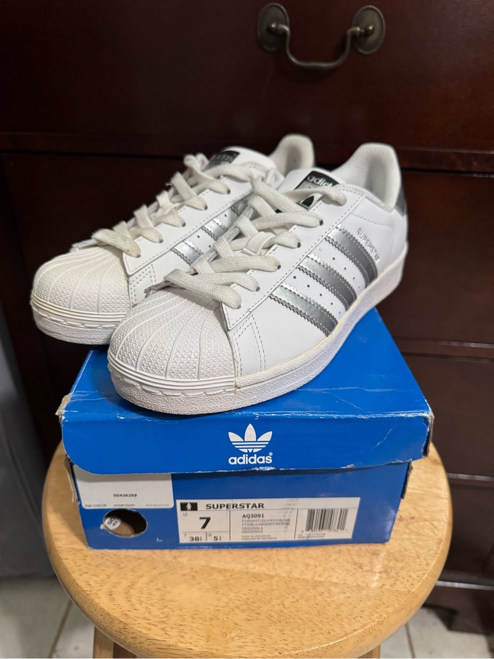 adidas women’s Superstar Shoes - White with Silver Stripes